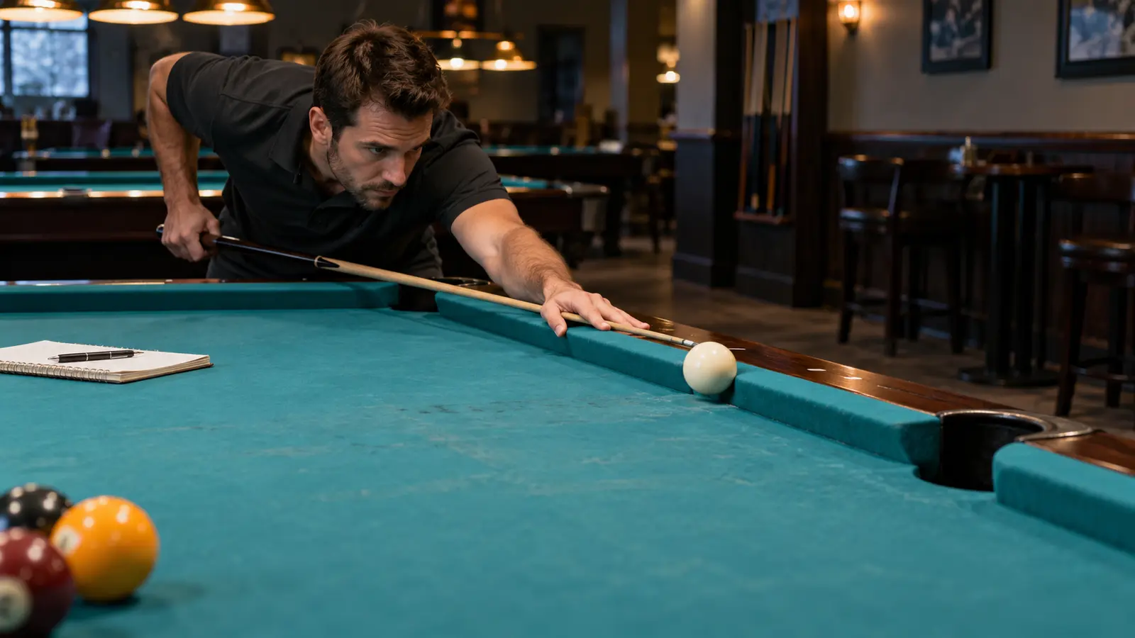 Pool player testing cue-ball speed, cushion response and pocket entry on an unfamiliar worn table