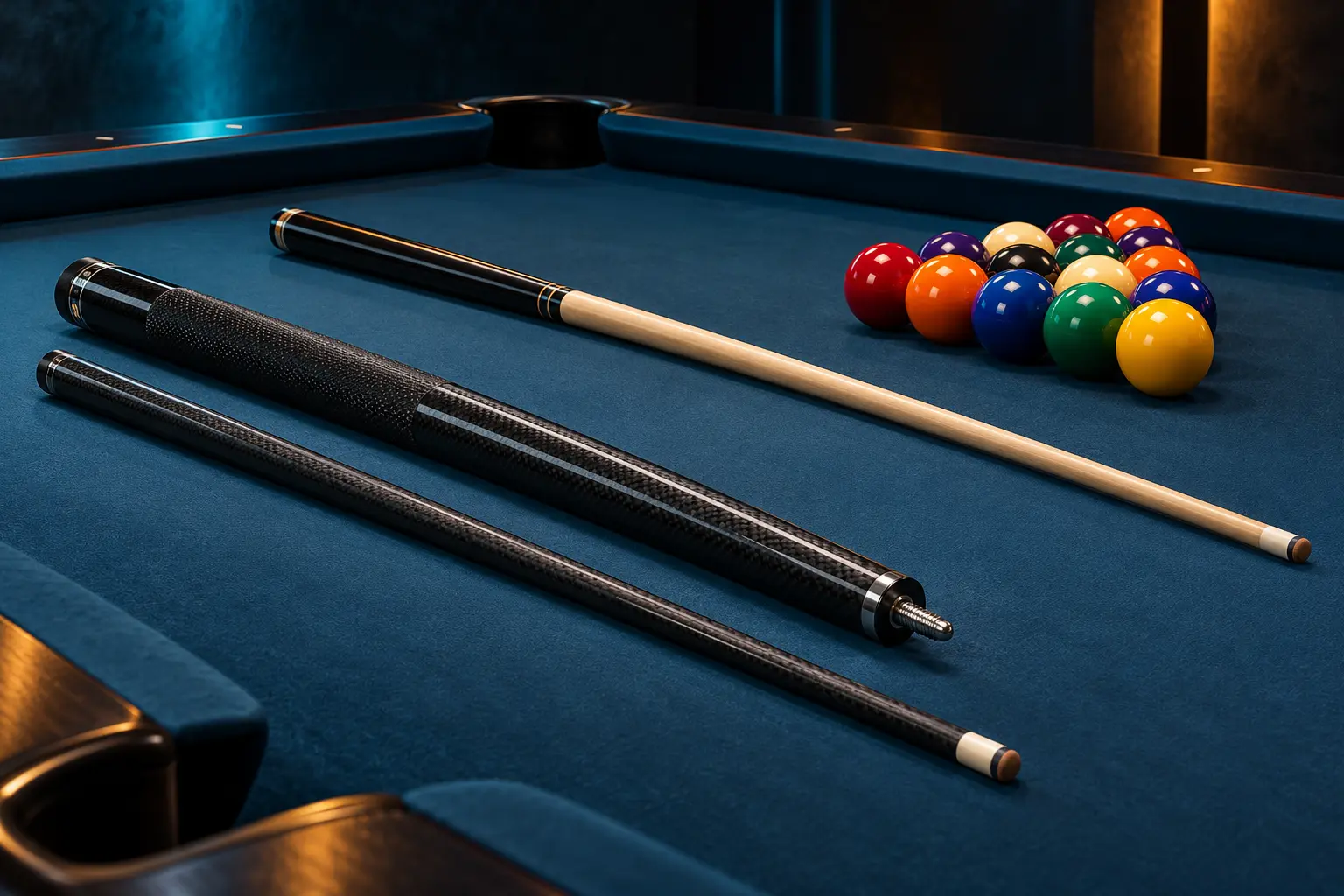 AI illustration of a creative artistic pool setup on a blue table in a clear practice area