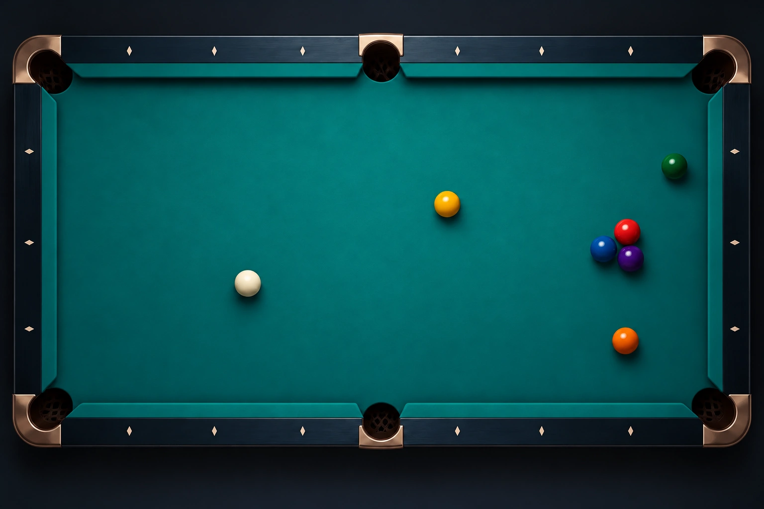 Generic pool table with six real pockets and solid resting balls, without ghost placement circles or dashed predicted cue-ball routes