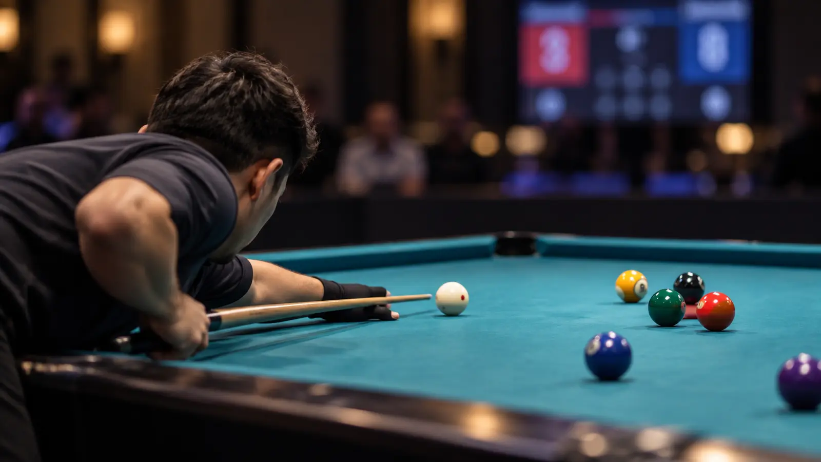 Composed pool player returning to the table during a difficult match