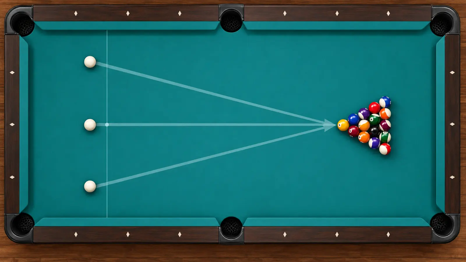 Top-down pool table showing a full rack and three cue-ball starting positions with break paths