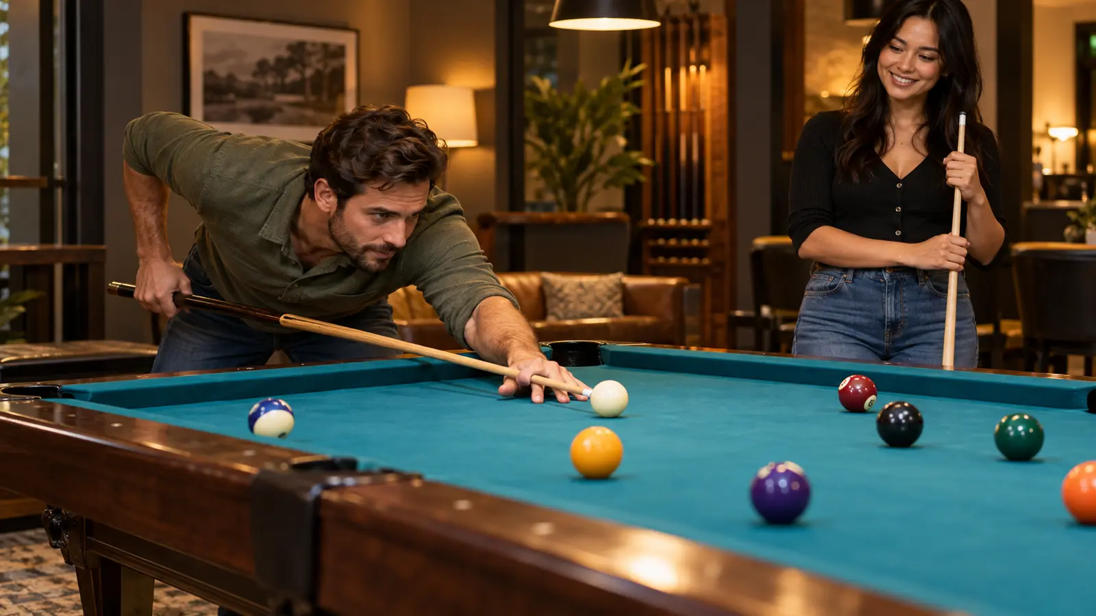 Two friends enjoying a relaxed pool game while one player keeps a stable bridge and deliberate stance