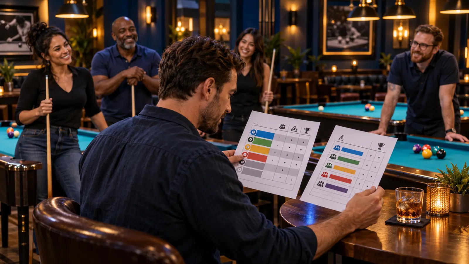 Editorial illustration of a pool player comparing two league score sheets beside teammates in a welcoming billiard room