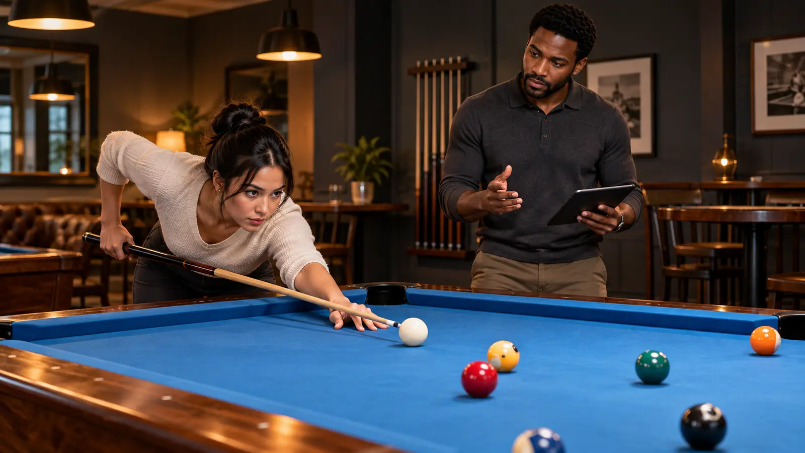 Illustration of a pool instructor observing a player and offering feedback beside a blue table