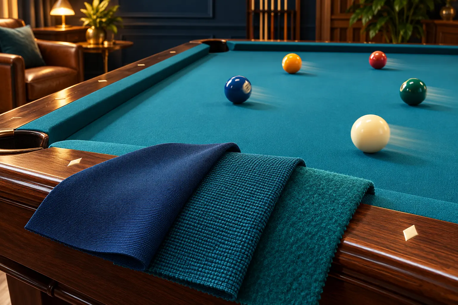 Three unbranded blue and teal billiard cloth samples beside a clean pool table under even lighting