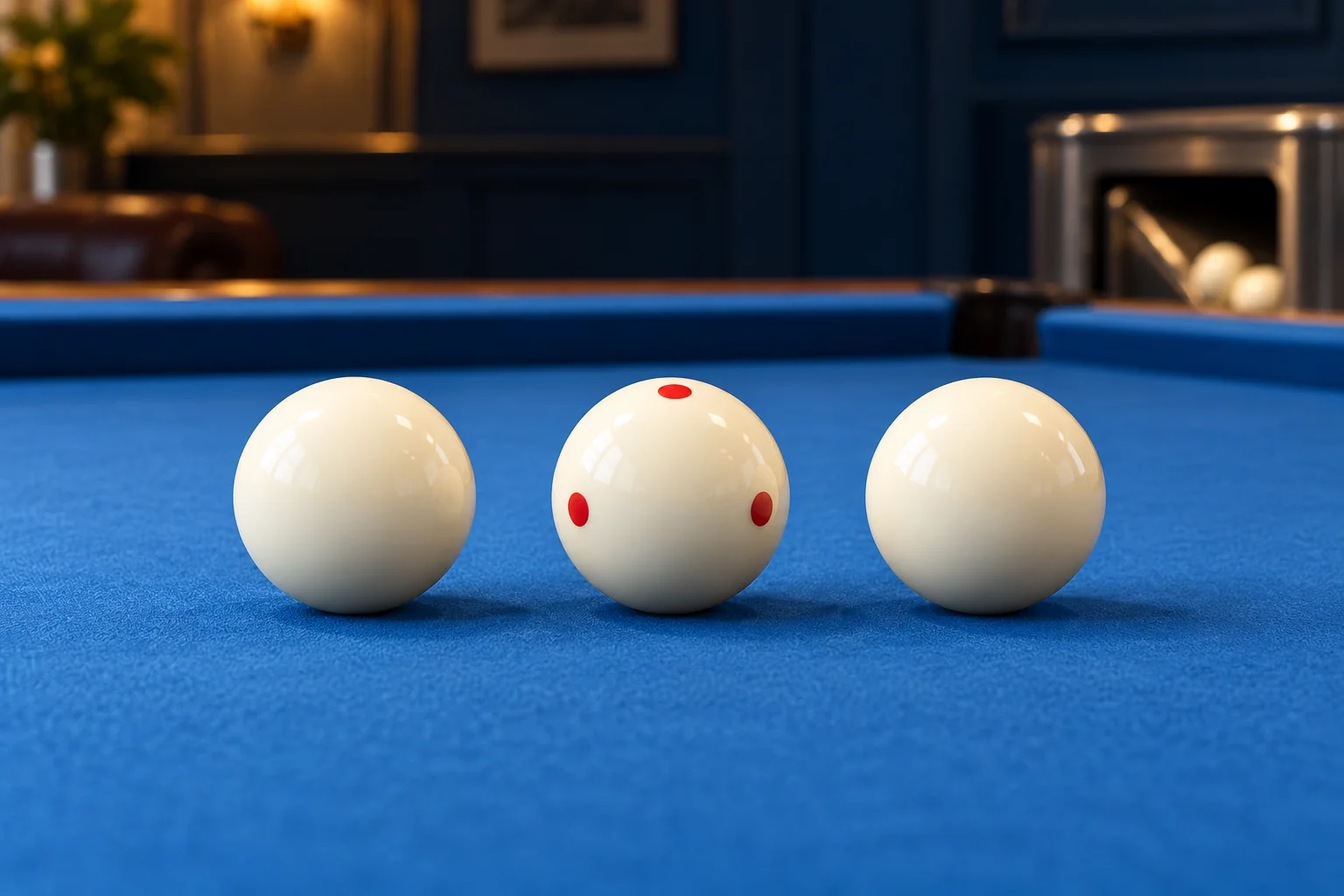 Three generic cue balls including one red-dotted ball on blue cloth near an automatic return opening