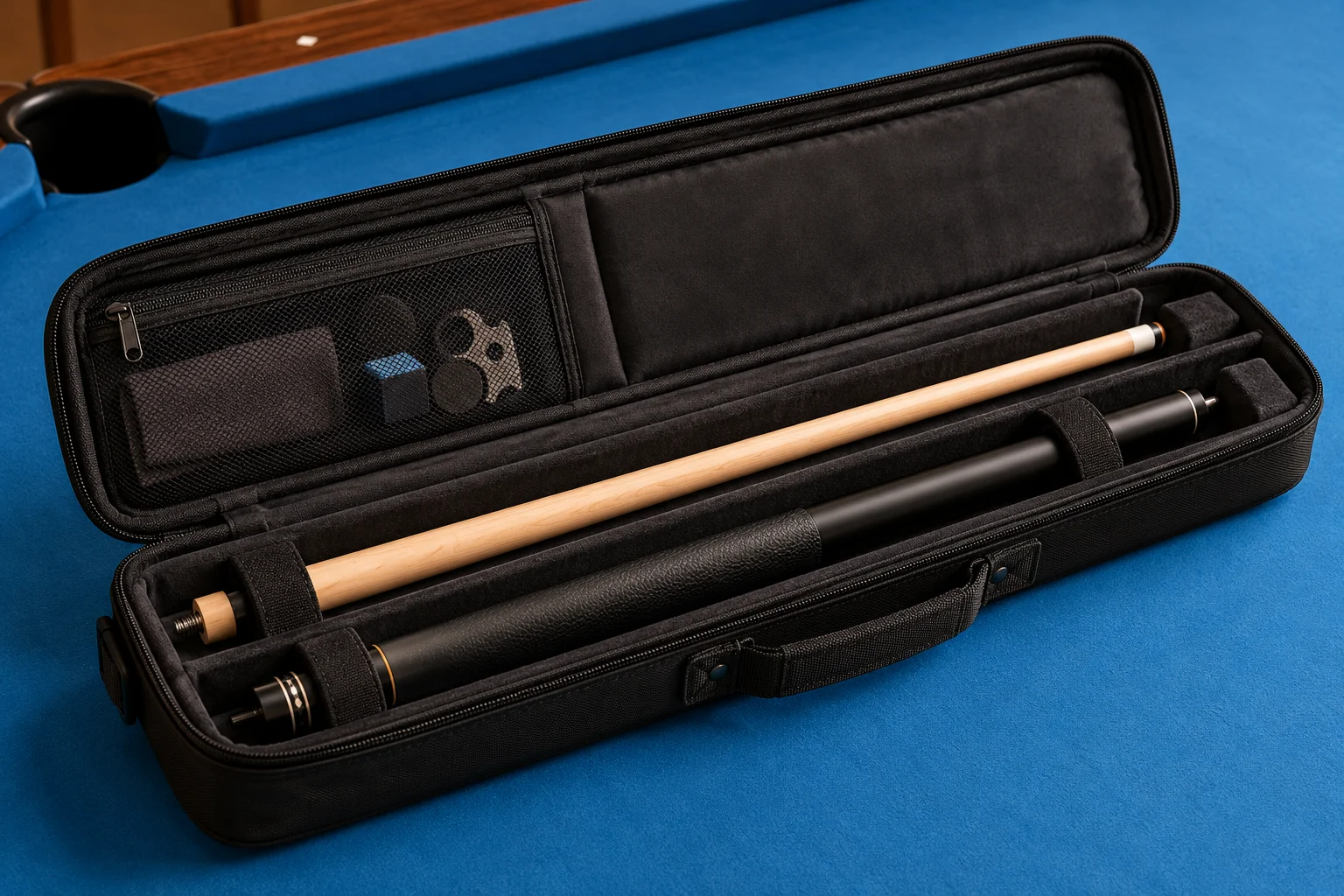 Generic open black cue case with separated cue sections and accessory pockets on blue cloth