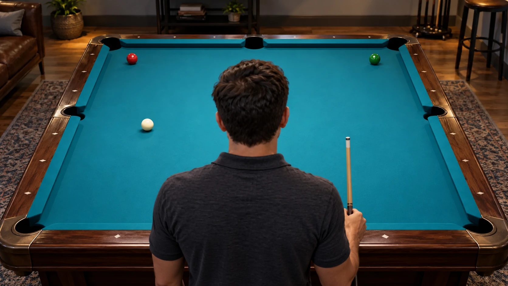Single anonymous player standing with one cue while reviewing a clear table, without ghost bodies or unverified mirrored-shot lines