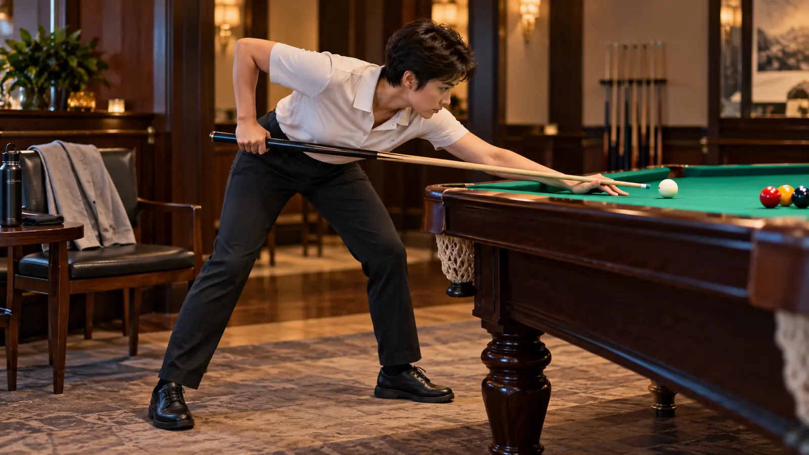 Pool player testing a stable stance in clean flexible clothing and closed-toe shoes beside a light layer