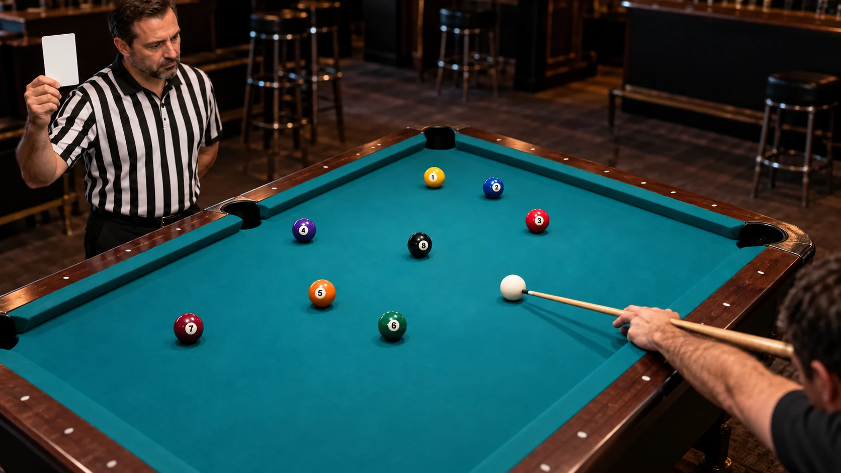 Referee holding a blank card beside a coherent set of solid balls numbered 1 through 8 and a white cue ball