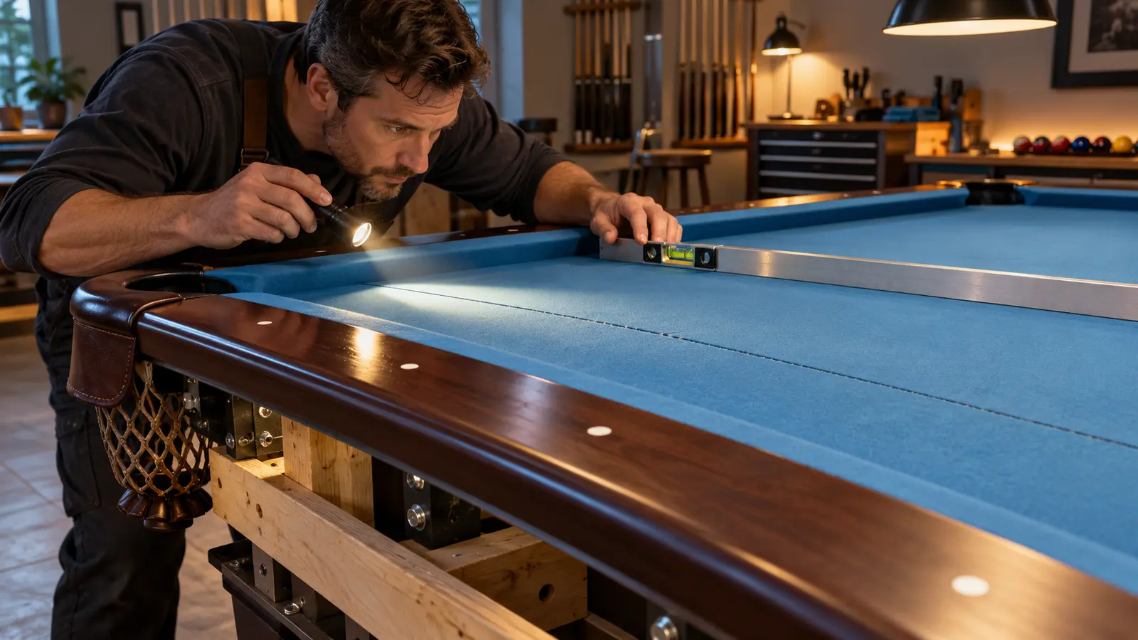 Illustration of a careful pool-table inspection using a flashlight, straightedge and level around rails, pockets and frame