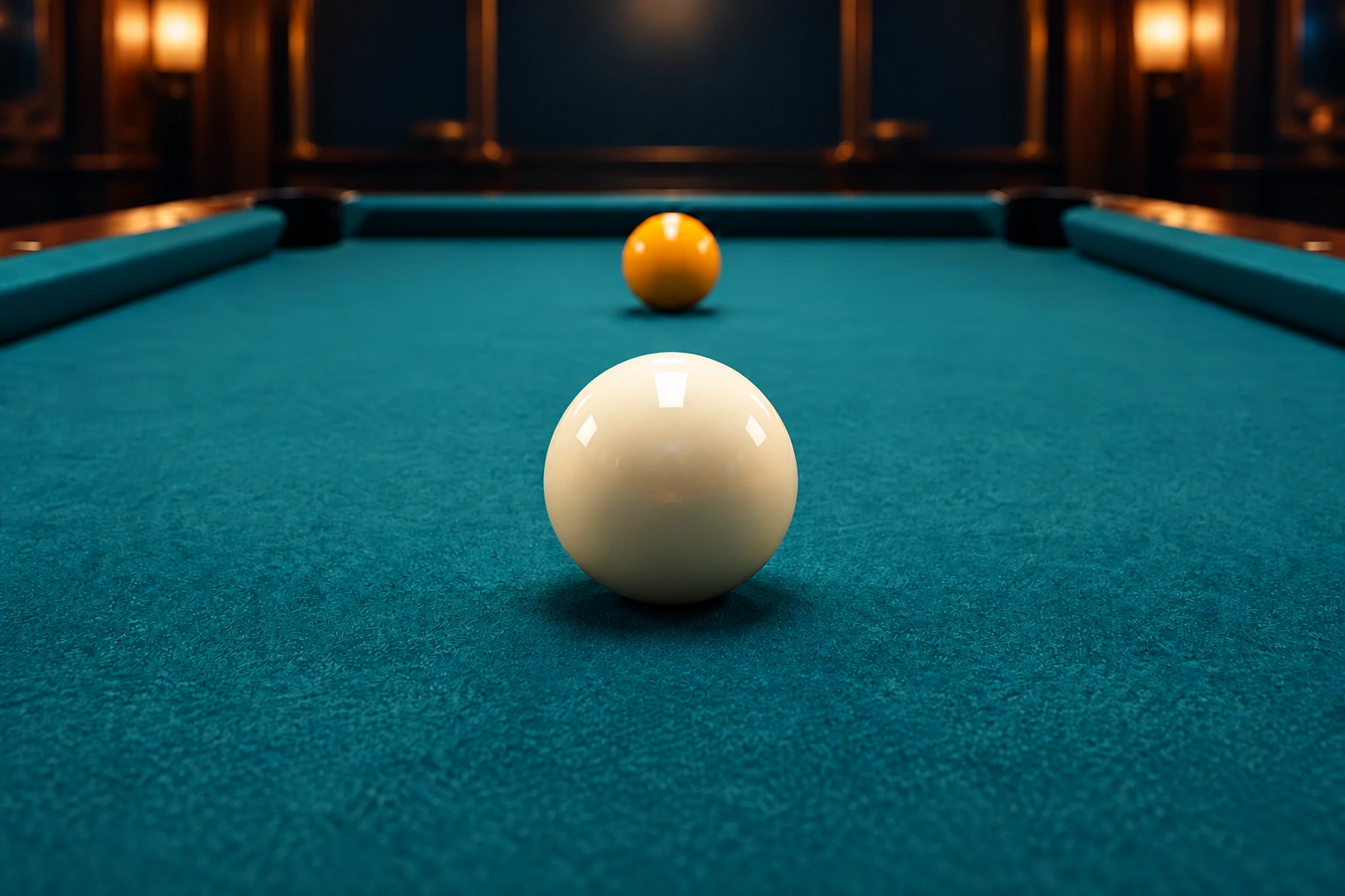 One cue ball and one yellow object ball resting on pool cloth with no cue, aiming marks, contact overlays or trajectory claims