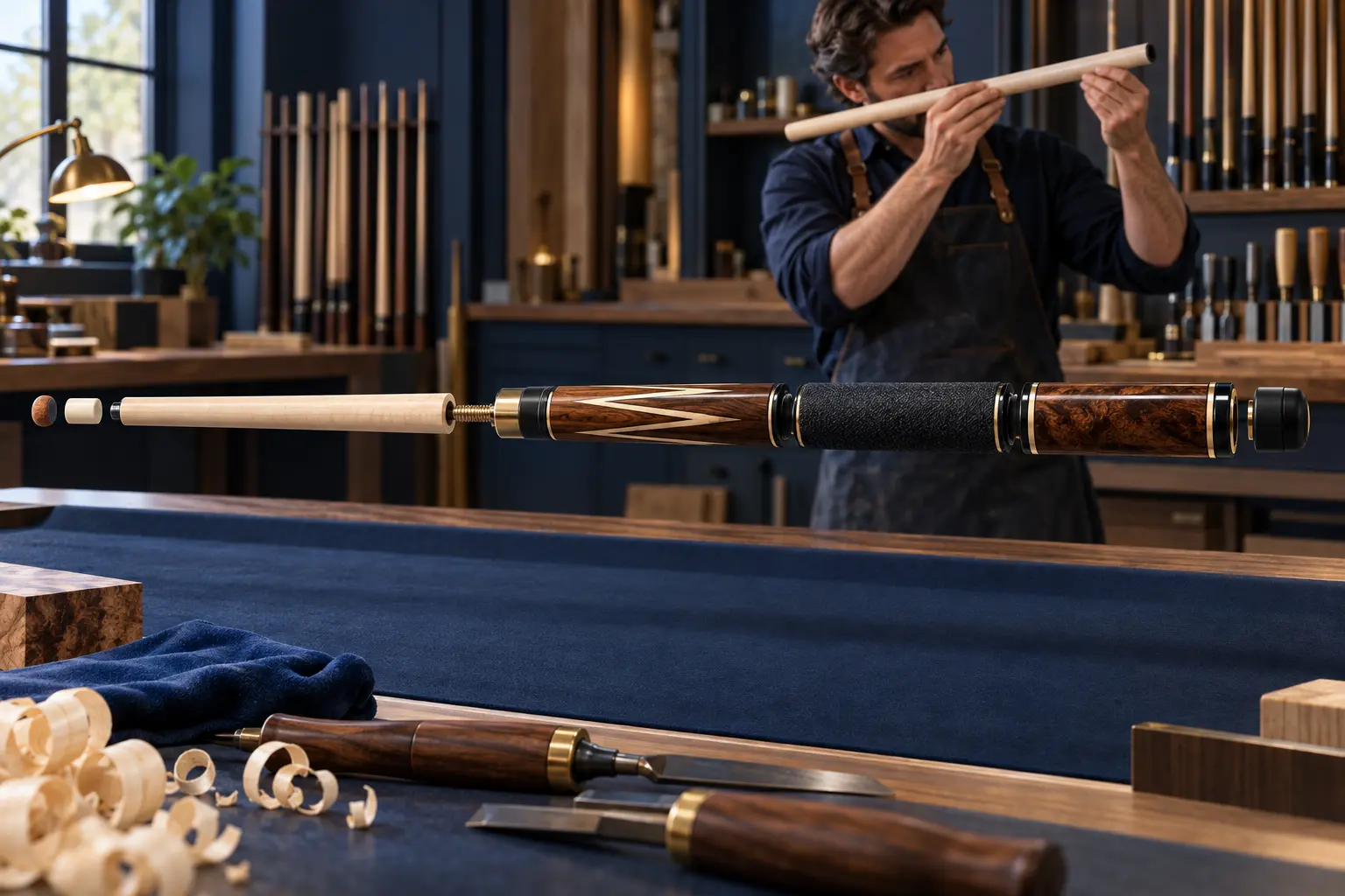 Unbranded pool cue shown as separated tip, ferrule, shaft, joint, forearm, handle, sleeve and bumper components in a workshop