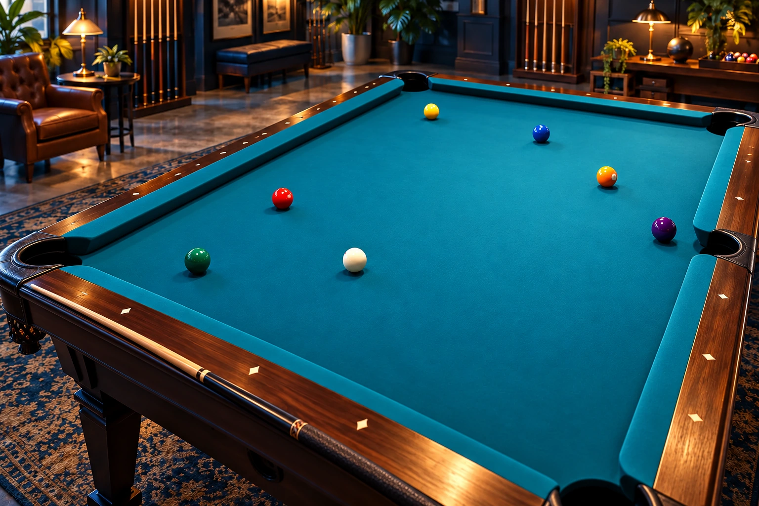 Ordinary pool table with one white cue ball and colored object balls, without training apparatus
