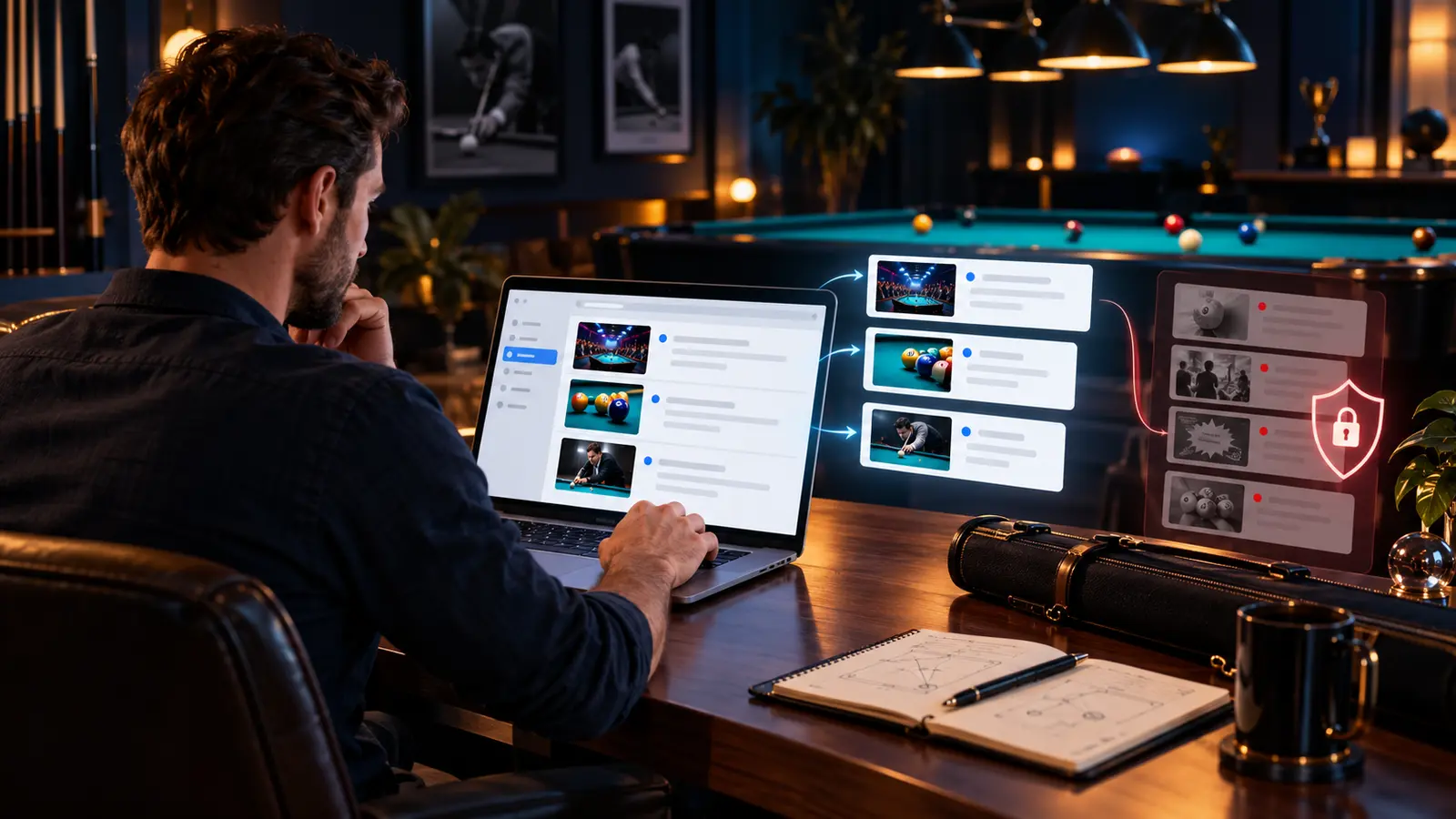 Editorial illustration of a player sorting verified pool event and lesson emails into a clean inbox while suspicious messages remain isolated