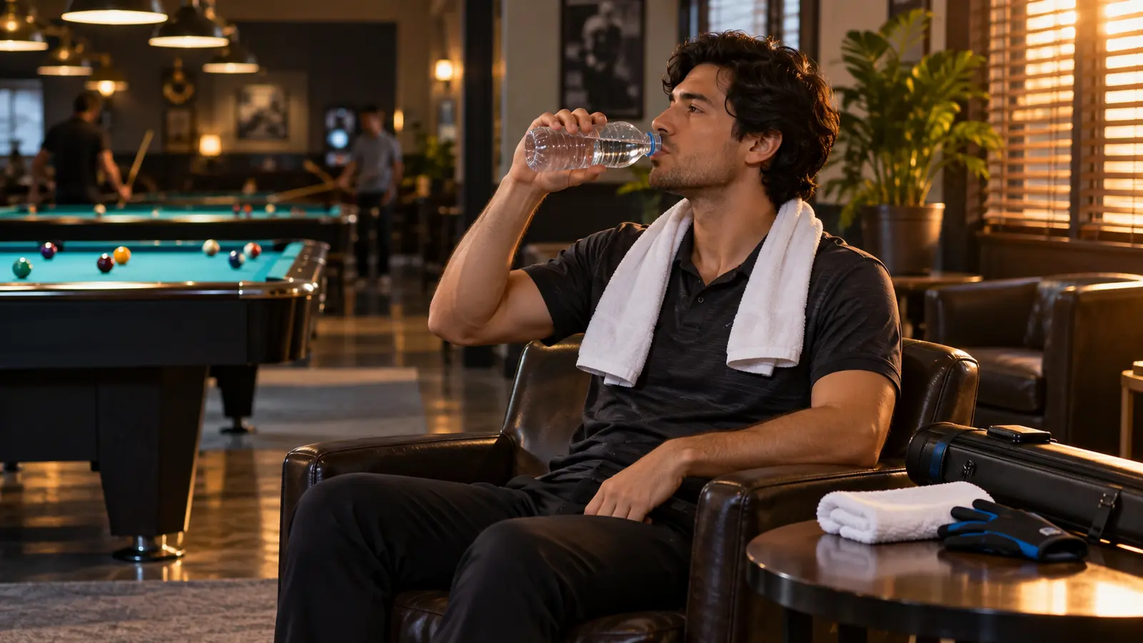 Pool player cooling down with water beside a towel and glove in a warm billiards room