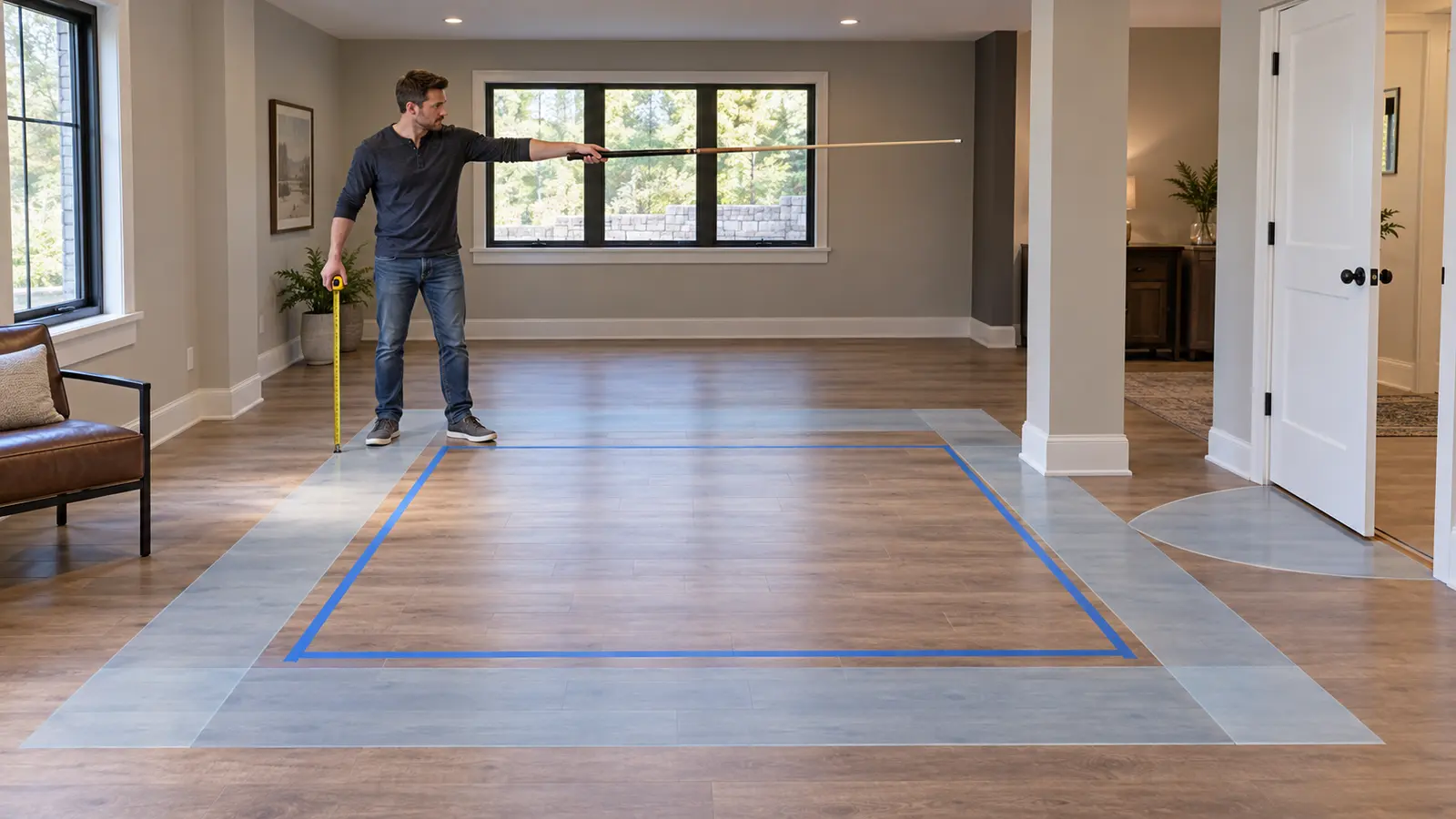 Illustrative room survey with a taped table footprint, tape measure, column, door and furniture