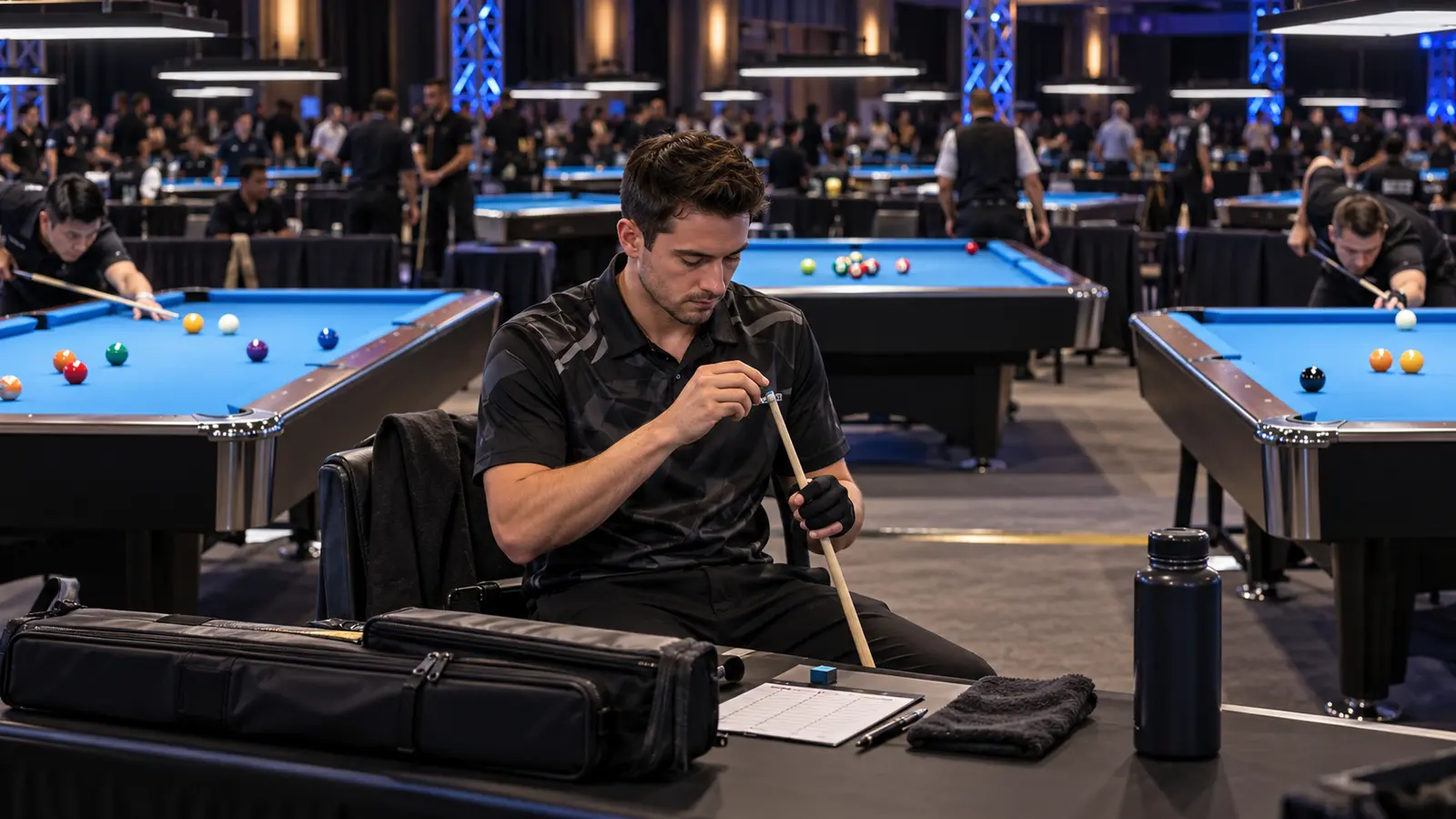 Illustration of a prepared player checking equipment in a large multi-table pool tournament hall
