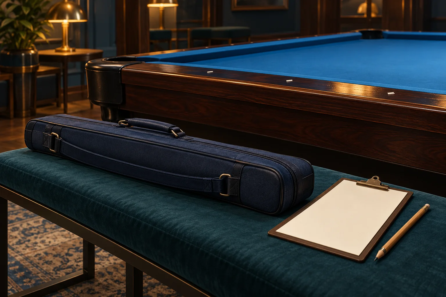 Illustration of a cue case and blank score sheet beside a pool table