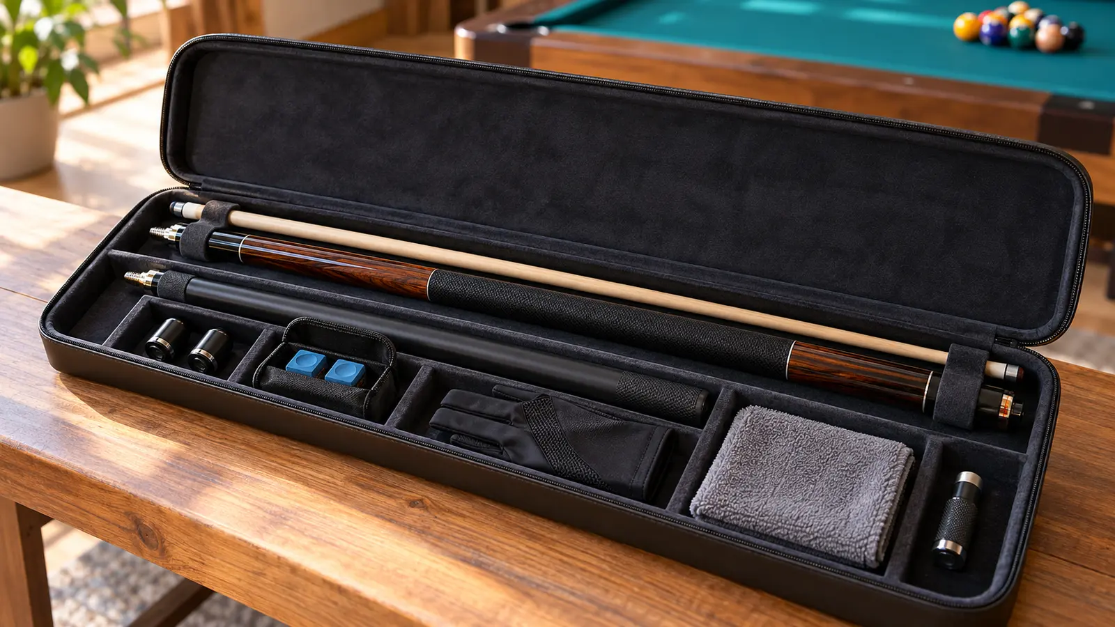 Illustrative open cue case with separated cue sections and small unbranded accessories