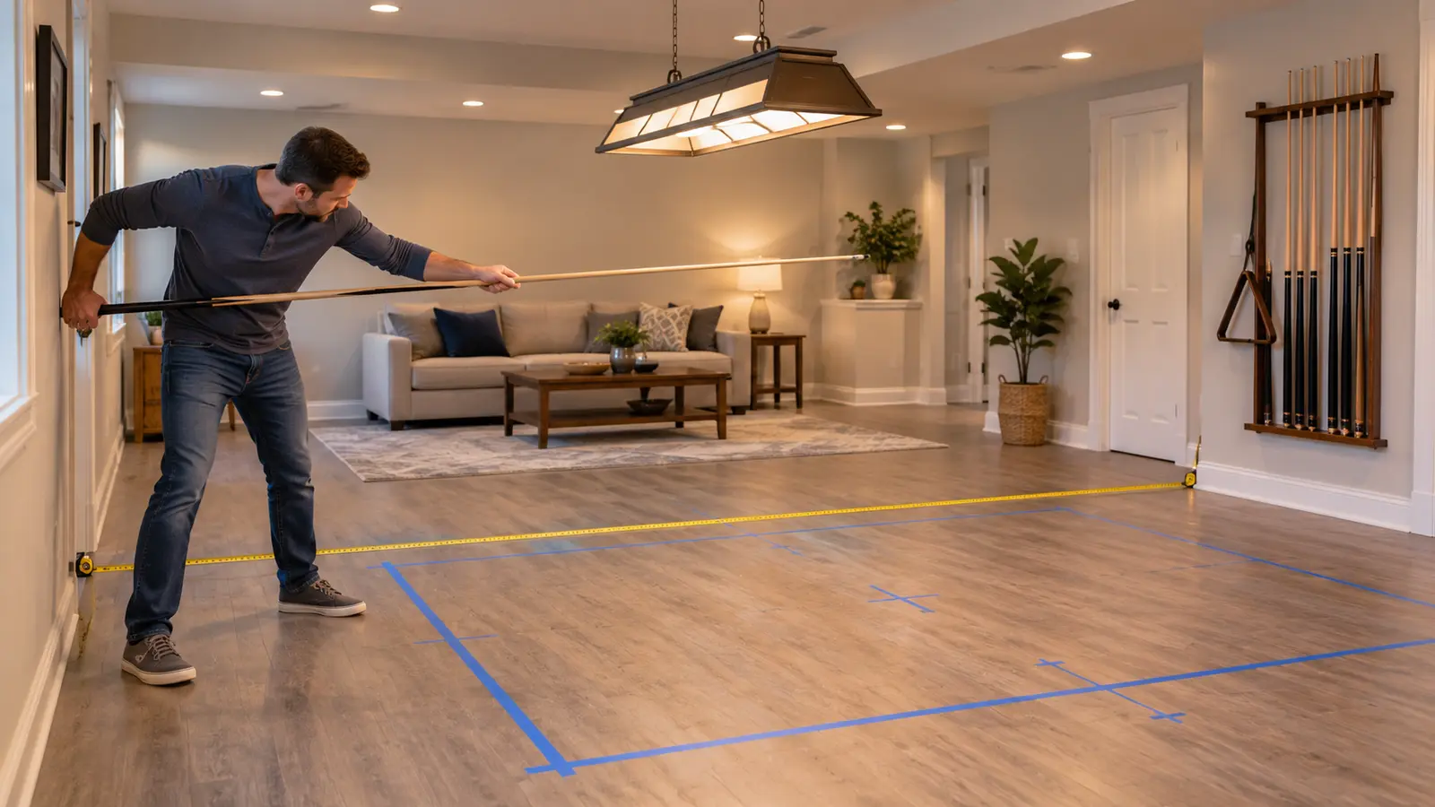 Illustrative home recreation room with a floor-taped table outline, lighting, seating and equipment storage