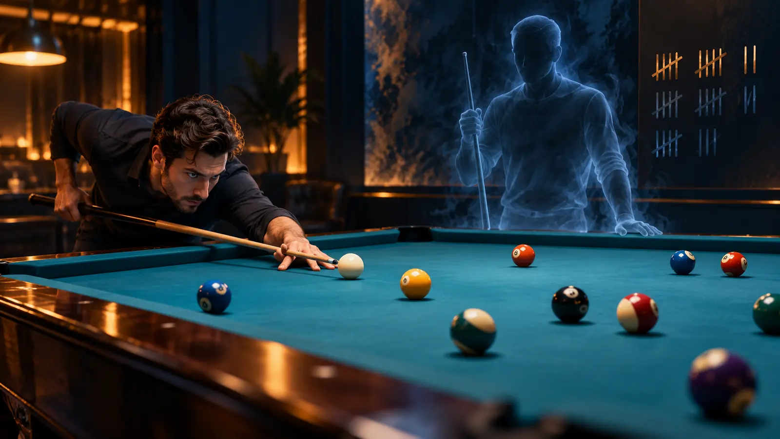 Editorial illustration of a player running a rotation layout against a translucent score opponent with a visible rack-by-rack tally