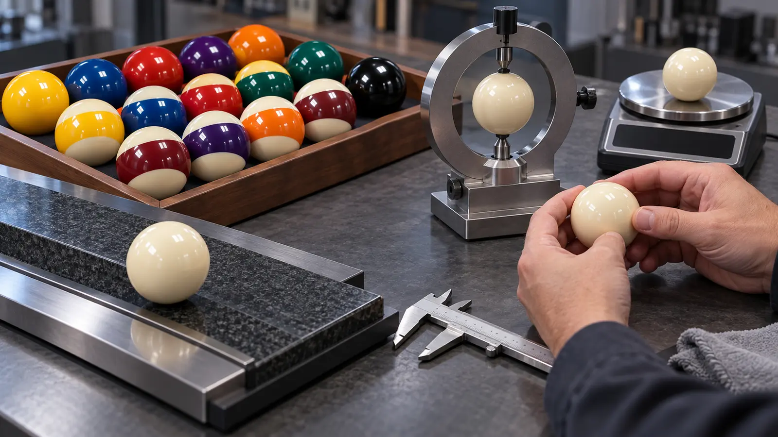 Illustrative unbranded balls beside measuring tools, a scale and a flat reference surface