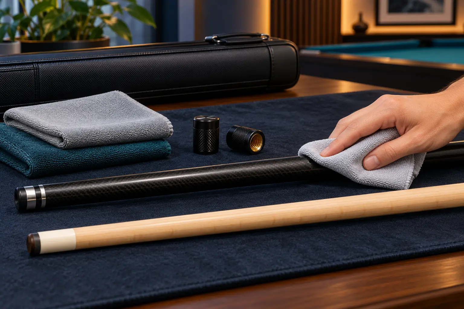 Unbranded dark composite and light wood cue shafts with soft cloths and joint protectors on a blue care mat