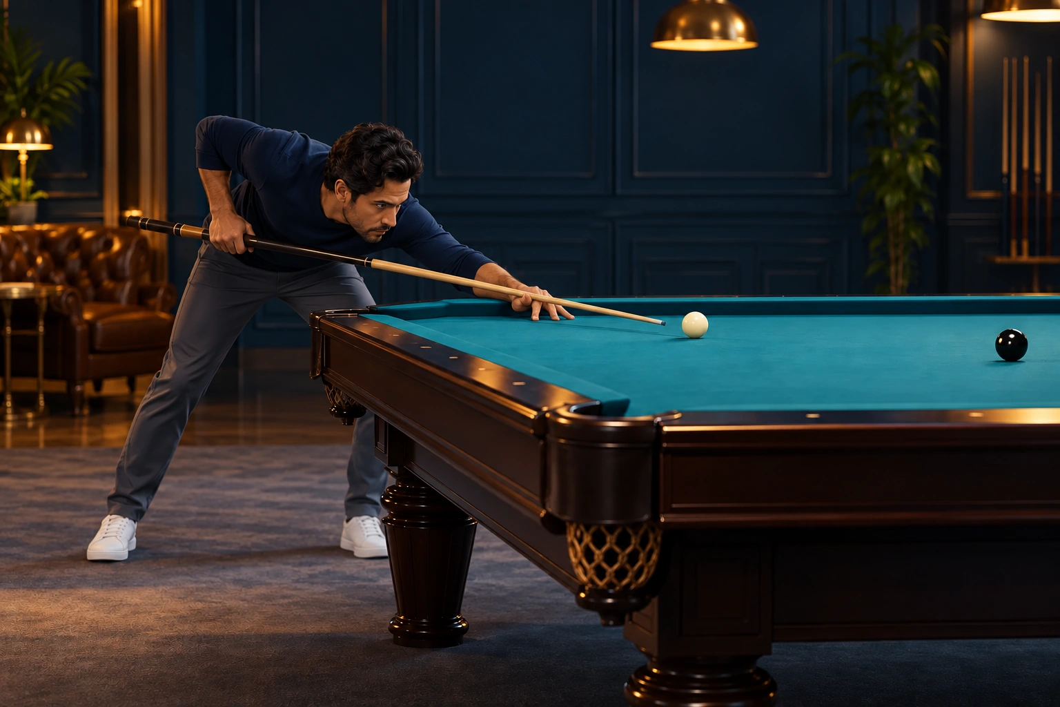 One generic pool player addressing one cue ball with one cue, a planted bridge and no ghost people or superimposed follow-through cues