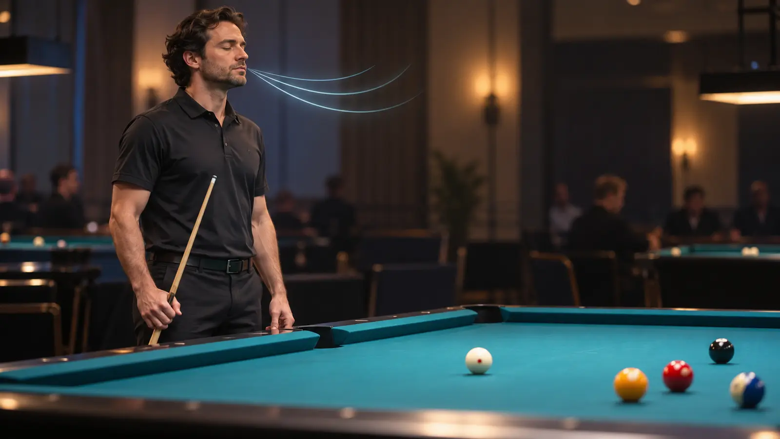 Pool player standing calmly beside a table while completing a slow relaxed exhale
