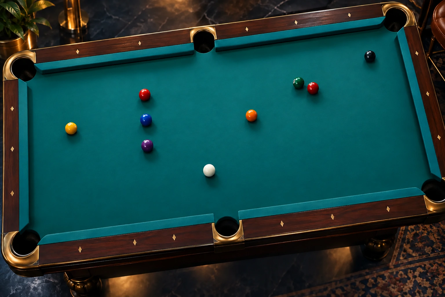 Generic six-pocket pool table with one solid white cue ball and resting colored balls, without dashed routes, extra cue balls or translucent target overlays