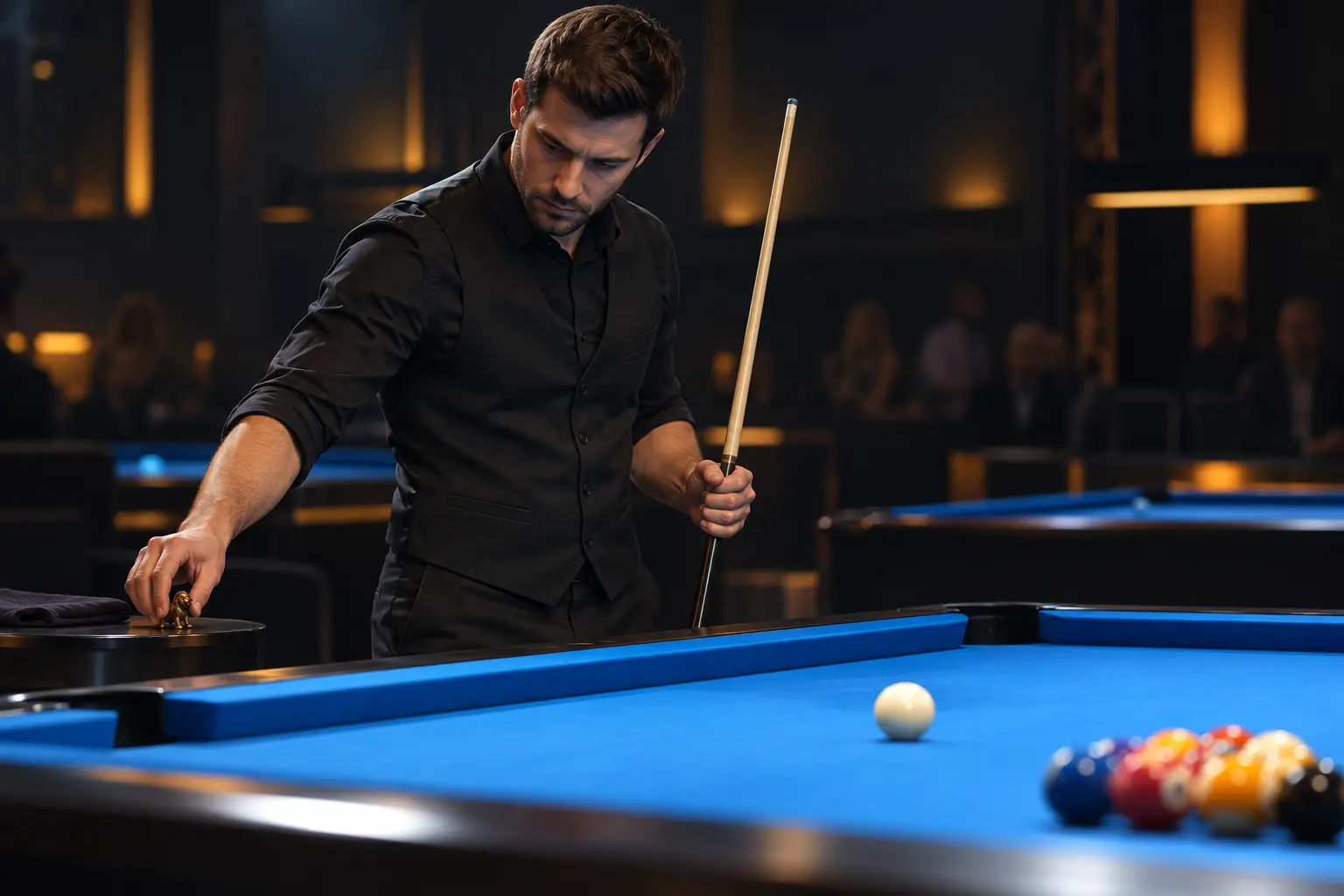 AI illustration of a pool player setting aside a lucky charm and focusing on a shot routine