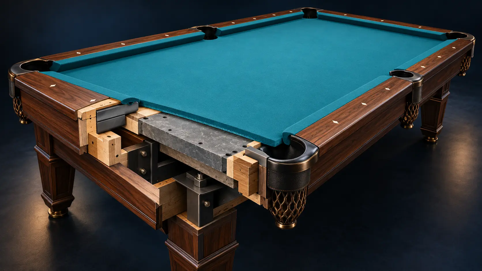 Editorial cutaway illustration of a pool table revealing cloth, slate, cushion, rail, pocket, frame and leg support