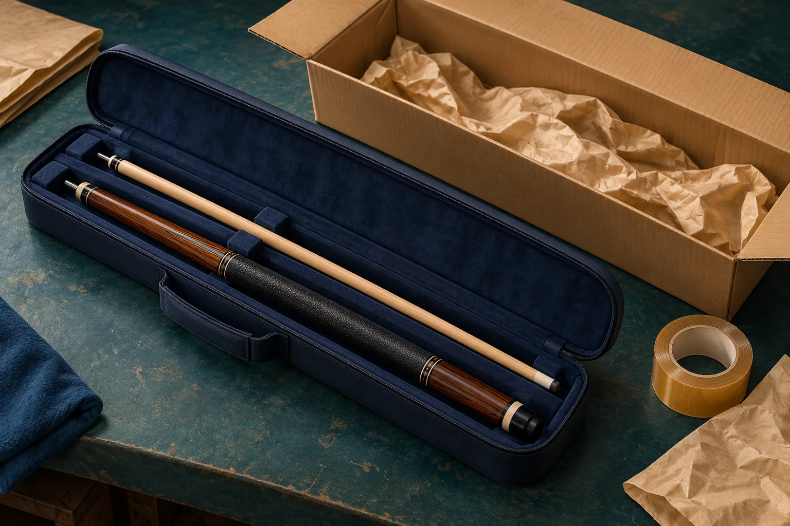 Illustration of a padded cue case beside a plain return carton
