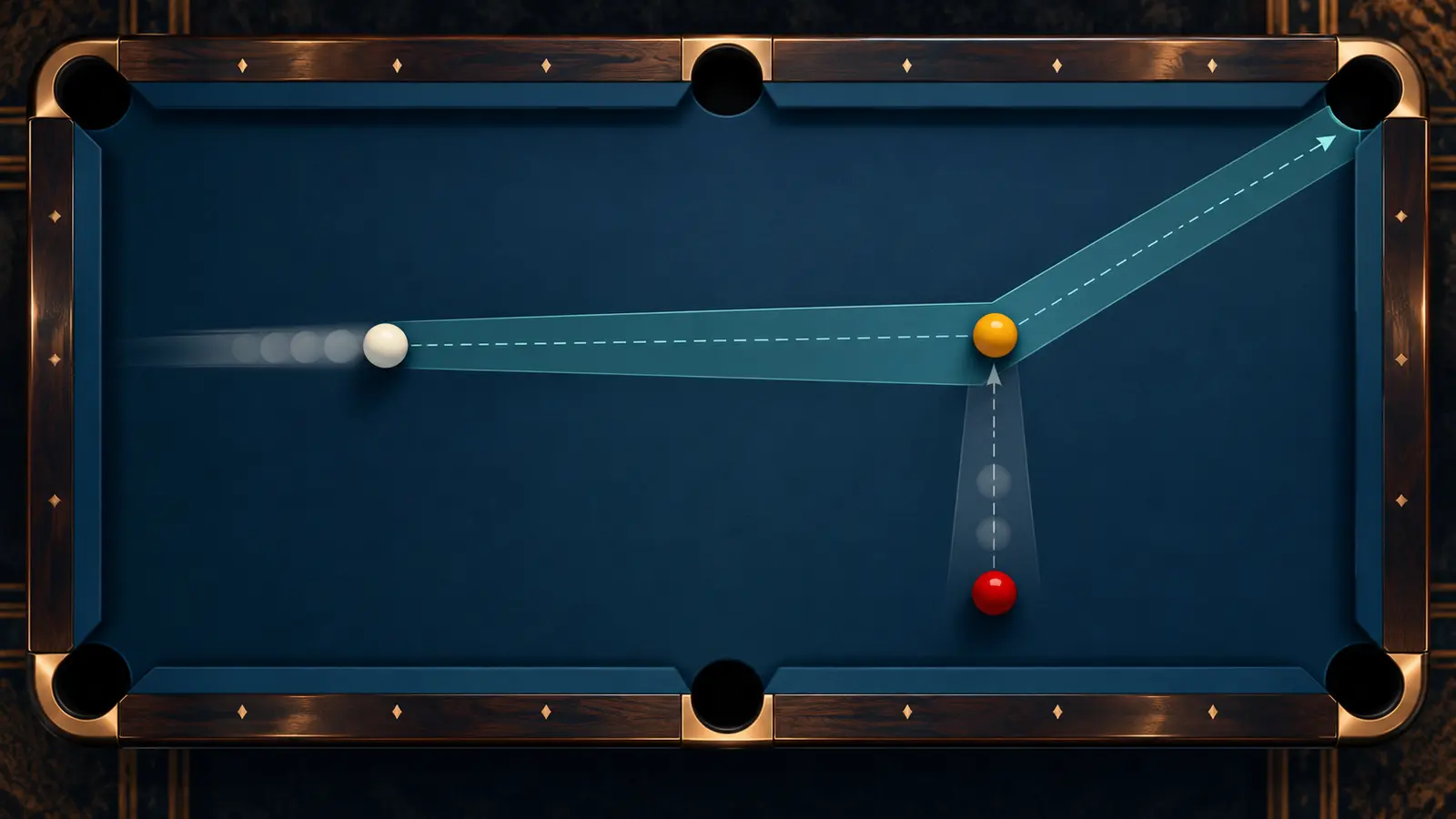 Top-down illustration of a cue ball entering a broad position zone along the line of the next shot