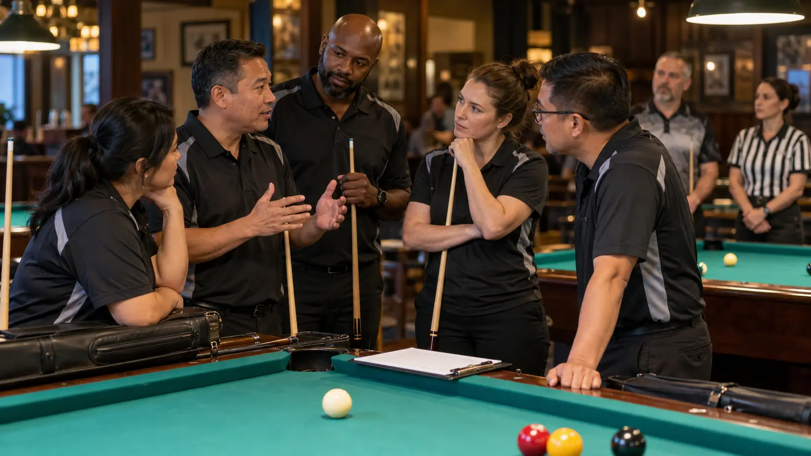 Amateur pool team listening calmly while one captain speaks beside the table and an official waits nearby