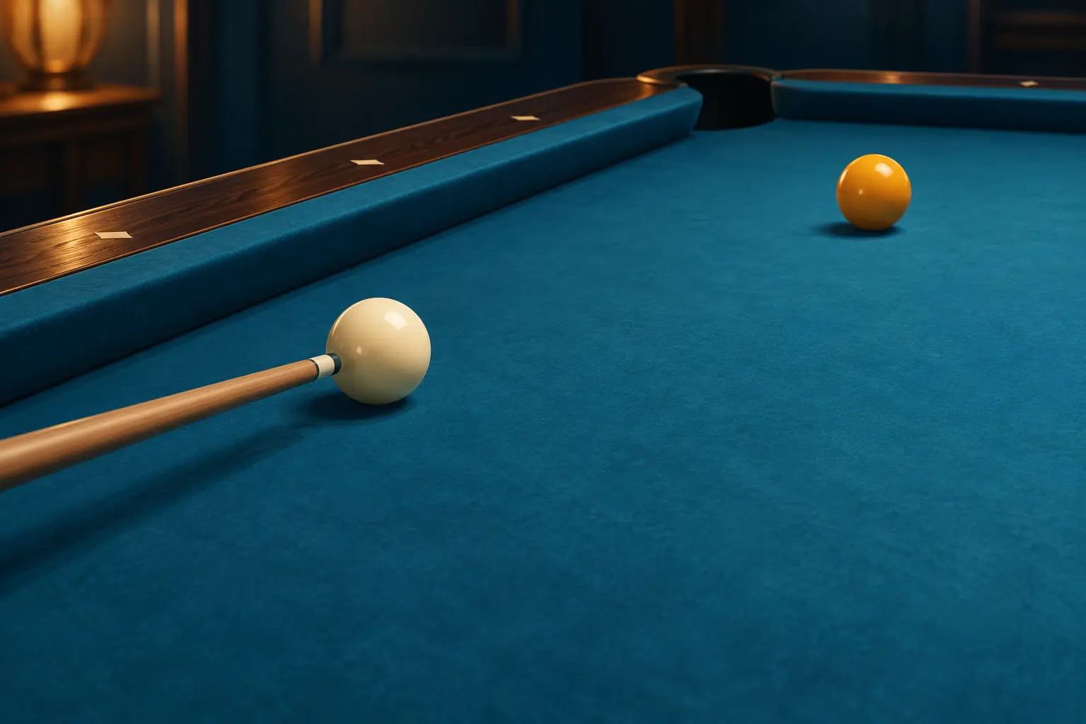 Illustration of a cue ball, object ball and cue arranged beside a pool table rail