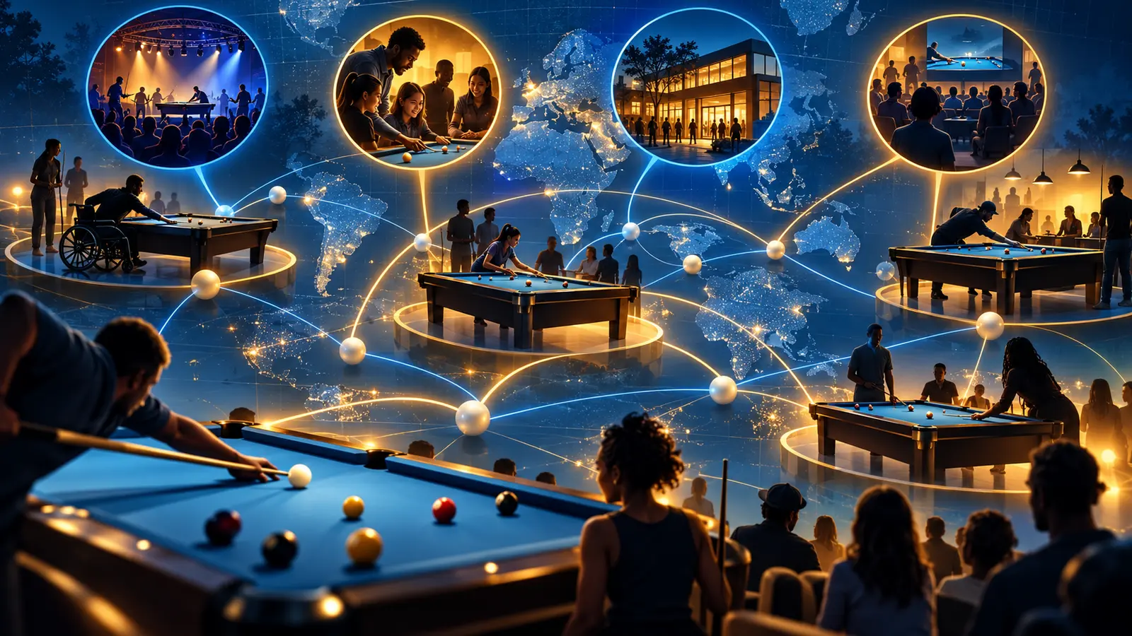 Editorial illustration of pool tables linked across a world map with event, community and audience symbols