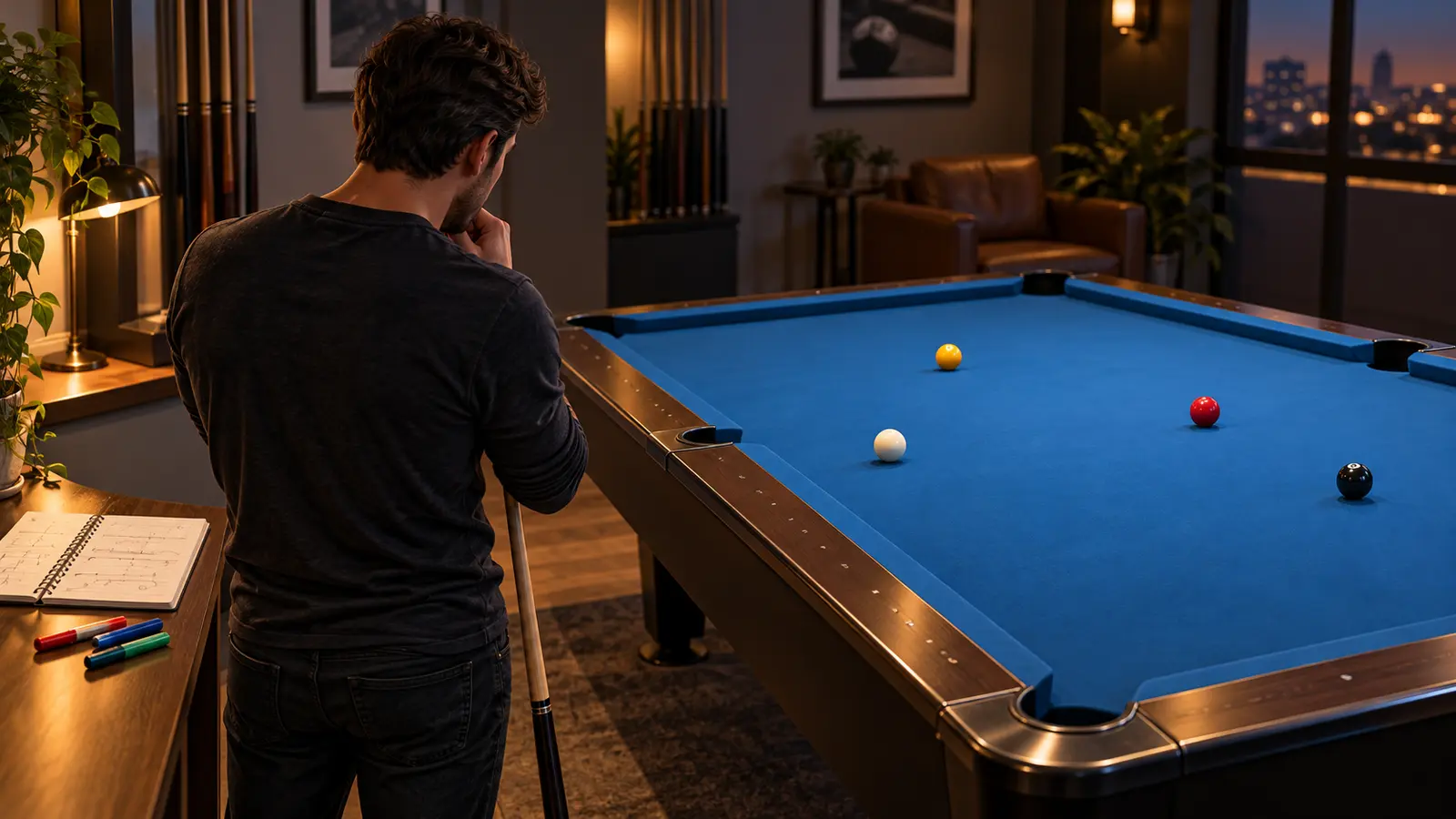 Illustration of a pool player calmly studying a simple table layout beside a practice notebook
