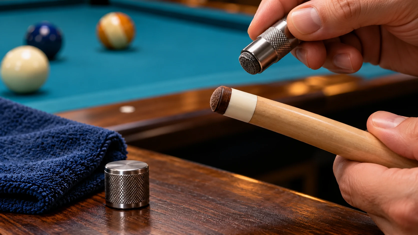 Editorial inspection photo with a generic cue-tip tool held clearly away from an intact leather tip and white ferrule