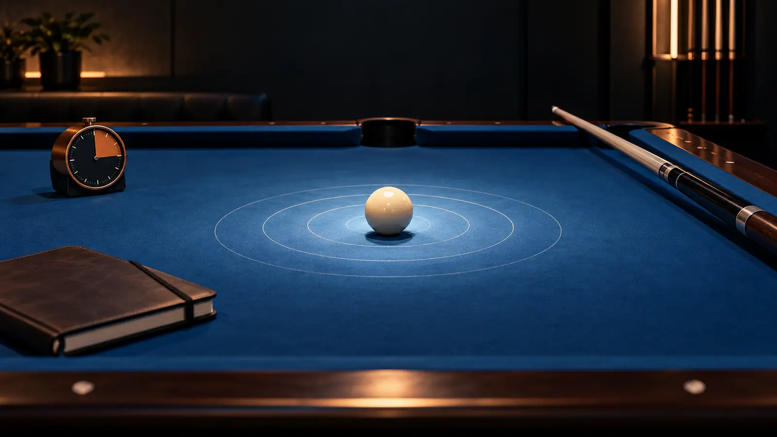 Conceptual illustration of a cue ball, quiet focus rings, a timer and a notebook on a pool table