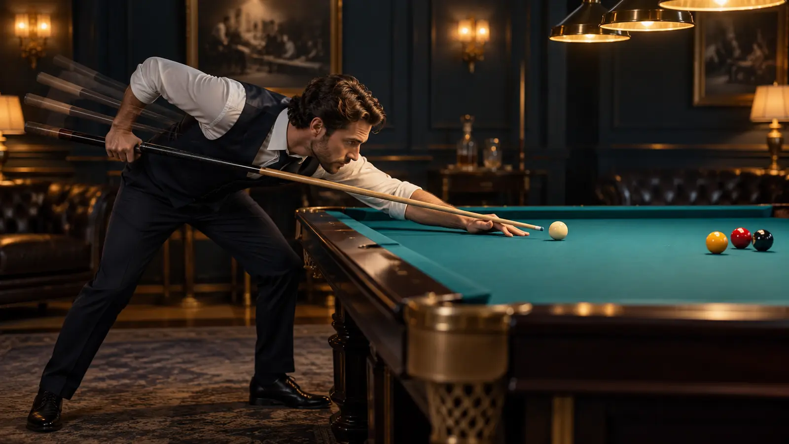 Side-view editorial illustration of a pool player pausing calmly at the end of a smooth controlled backswing