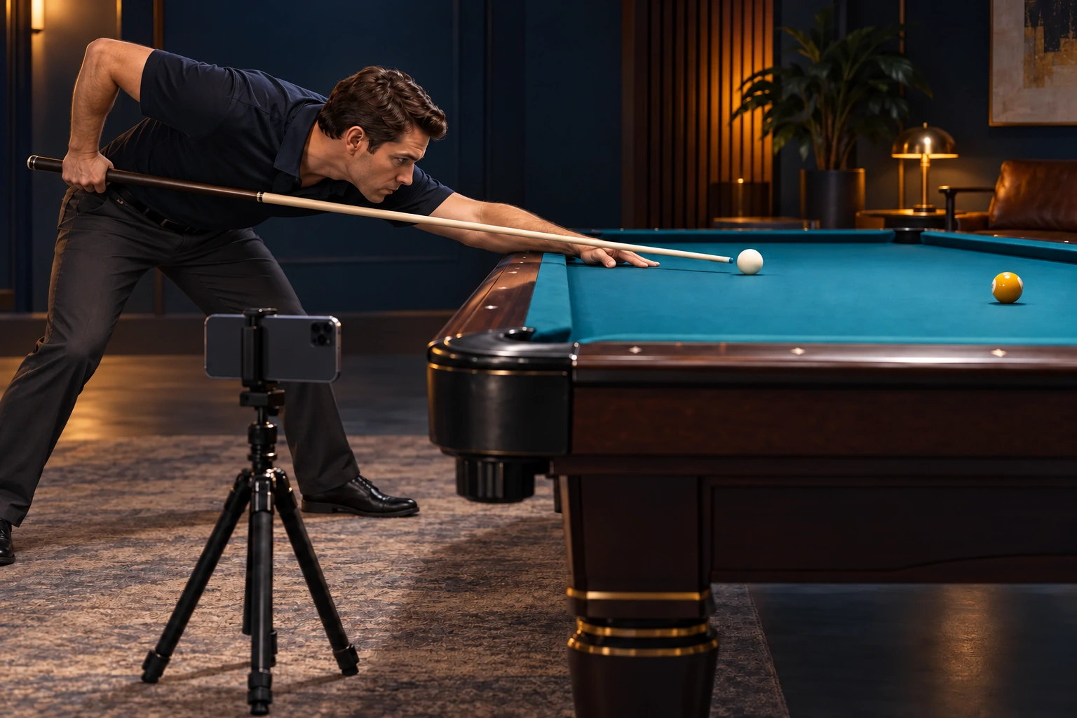 Generic player with one solid cue, one white cue ball, one colored target and a phone on an off-table tripod