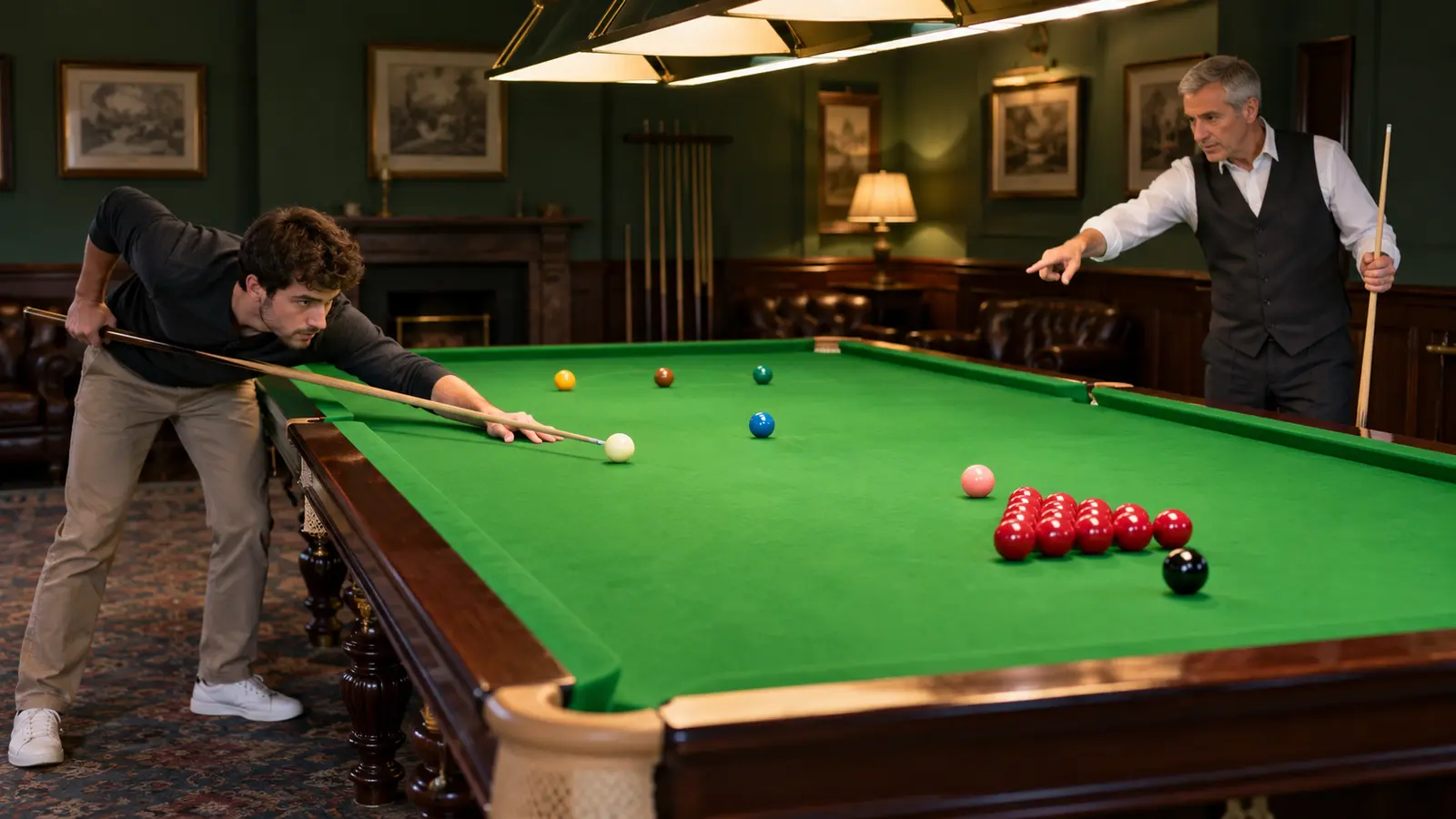 Beginner learning on a large green snooker table with red and colored balls under an instructor's guidance
