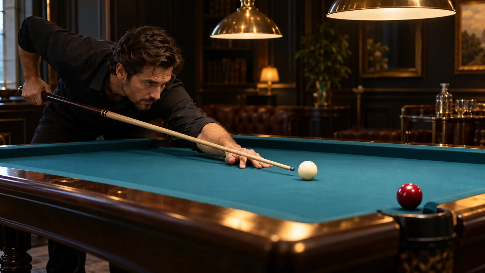 Editorial side view of a player using a balanced stance and compact cue motion for a short soft pool shot