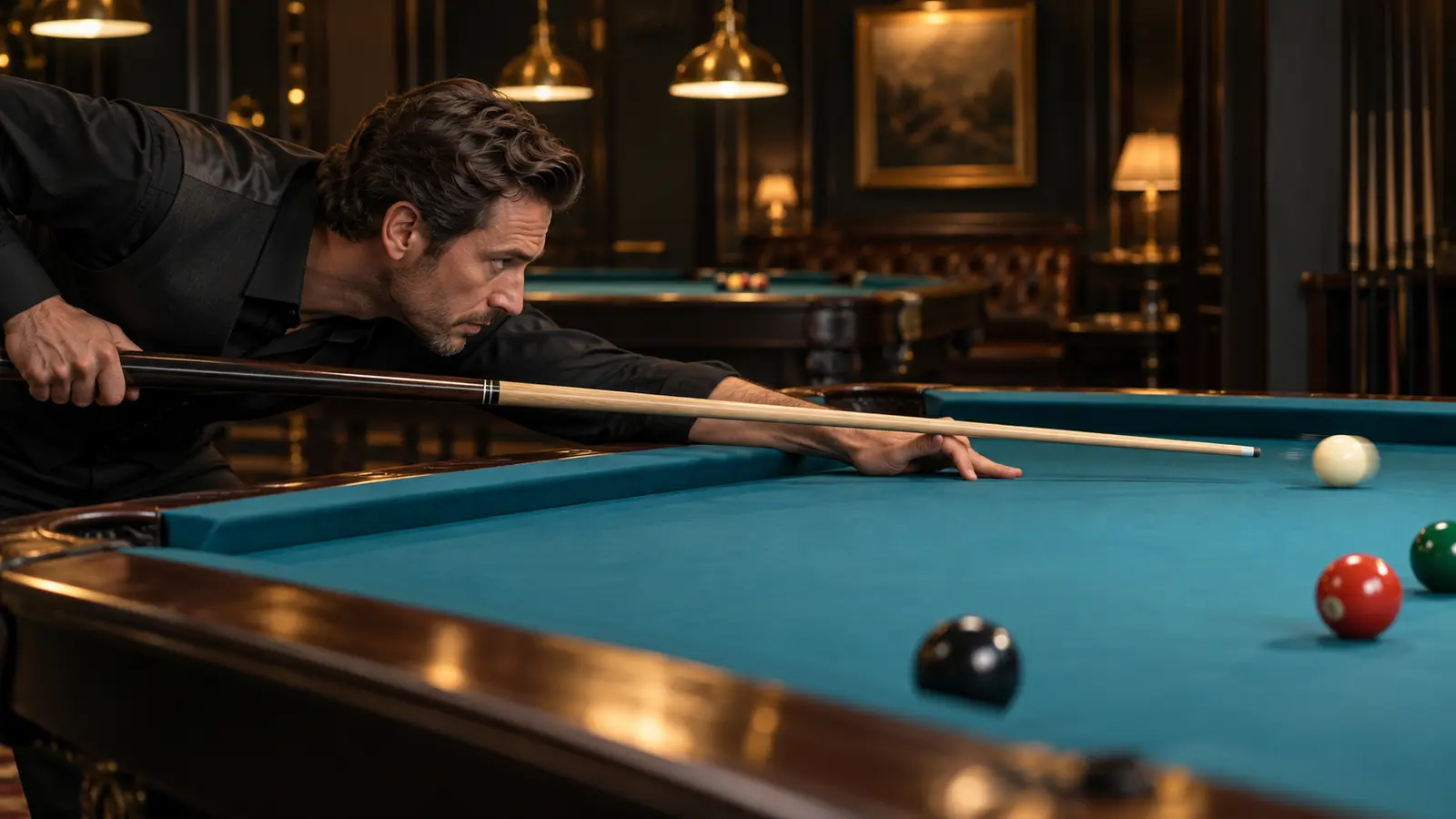 Editorial side profile of a pool player holding a balanced, still finish after a straight shot