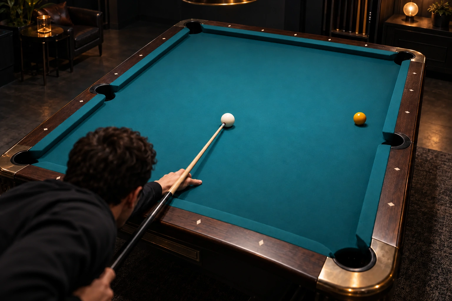 Anonymous adult addressing one cue ball toward a single object ball on an unmarked table