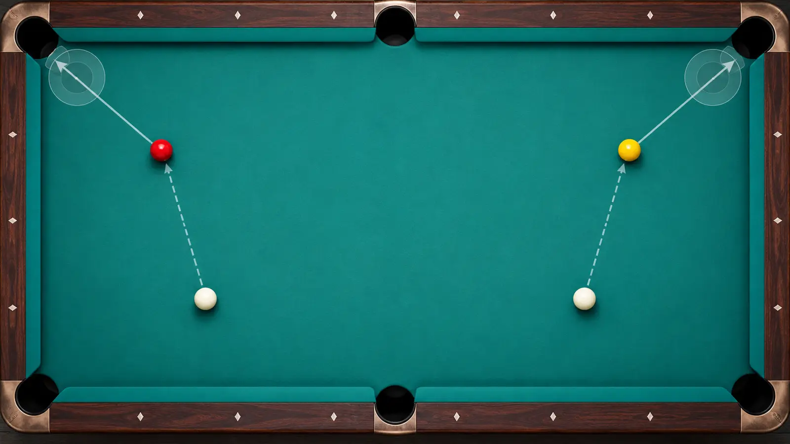 Top-down pool table with mirrored left-side and right-side shot paths and landing zones