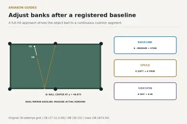 Top-down six-pocket bank diagram with a cue-ball approach, object-ball path to a lower-cushion contact window and rebound into the upper side pocket