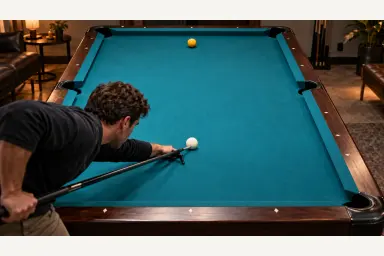 Pool player preparing a controlled cue test on a clear table with one white cue ball and one yellow object ball